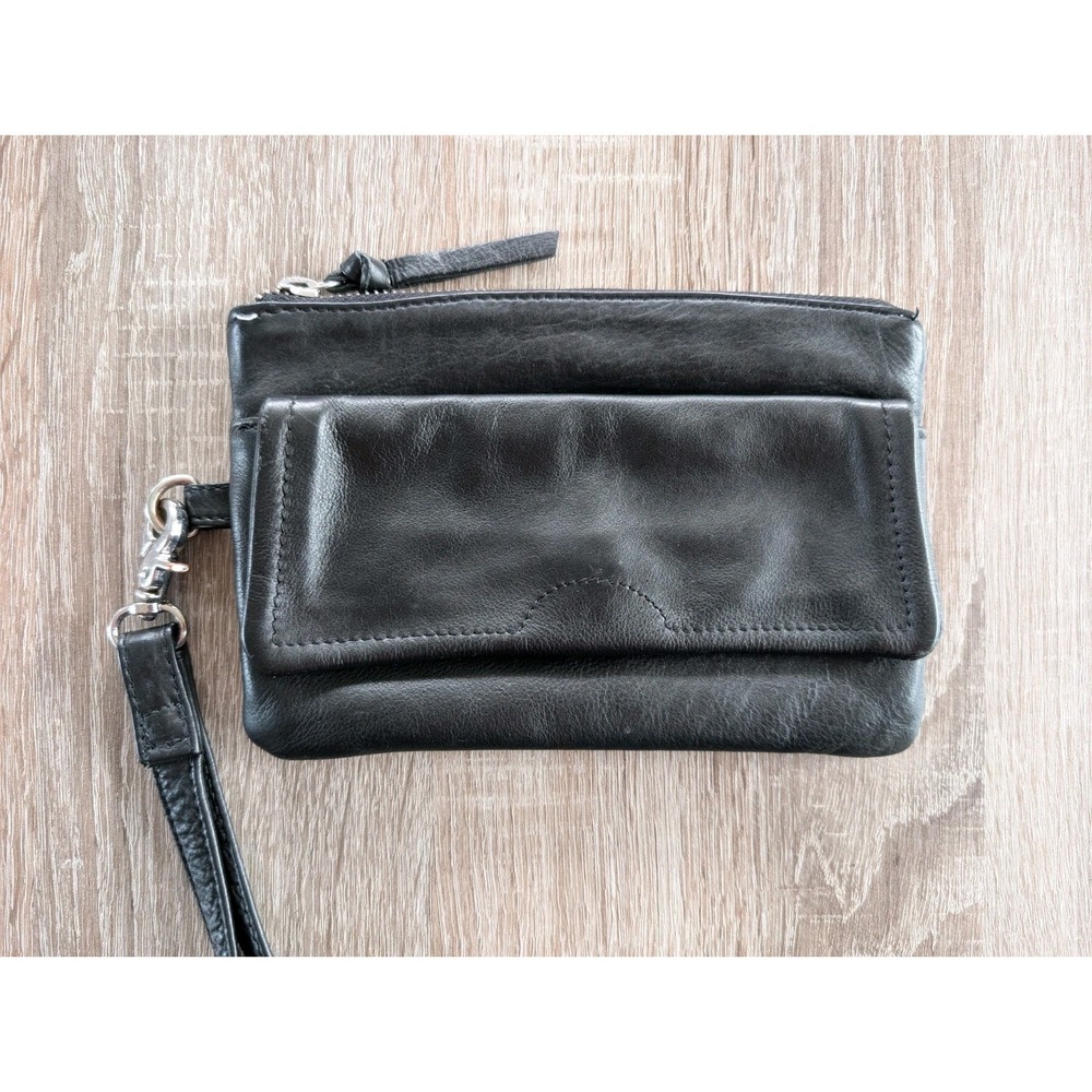 Anthropologie Day & Mood Pine Clutch Black Leather Wristlet Purse